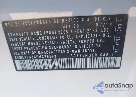 2014 Volkswagen Jetta 1.8T Sel z USA, uszkodzony, nr VIN 3VWL17AJ8EM336569